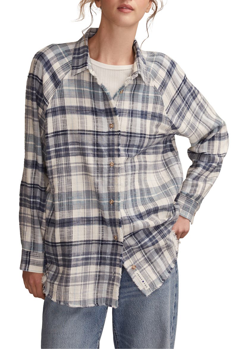 Frayed Plaid Button-Up Tunic Shirt, Main, color, BLUE PLAID