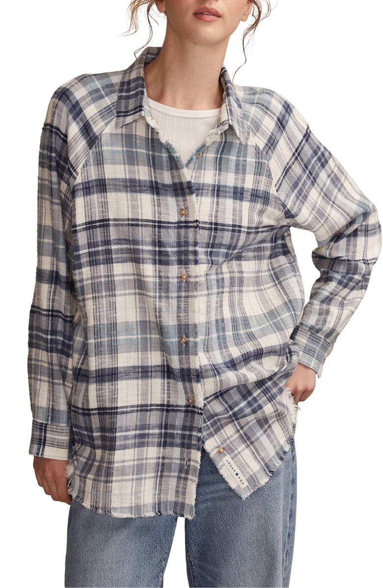 Lucky Brand Frayed Plaid Button-Up Tunic Shirt, Main, color, Blue Plaid