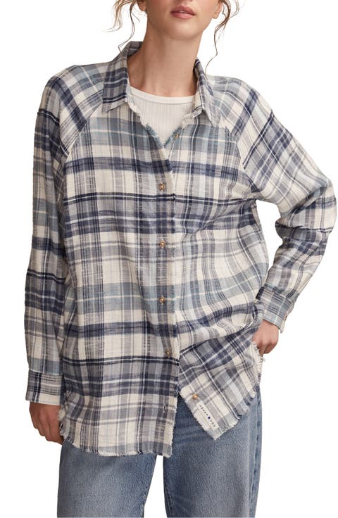 Frayed Plaid Button-Up Tunic Shirt