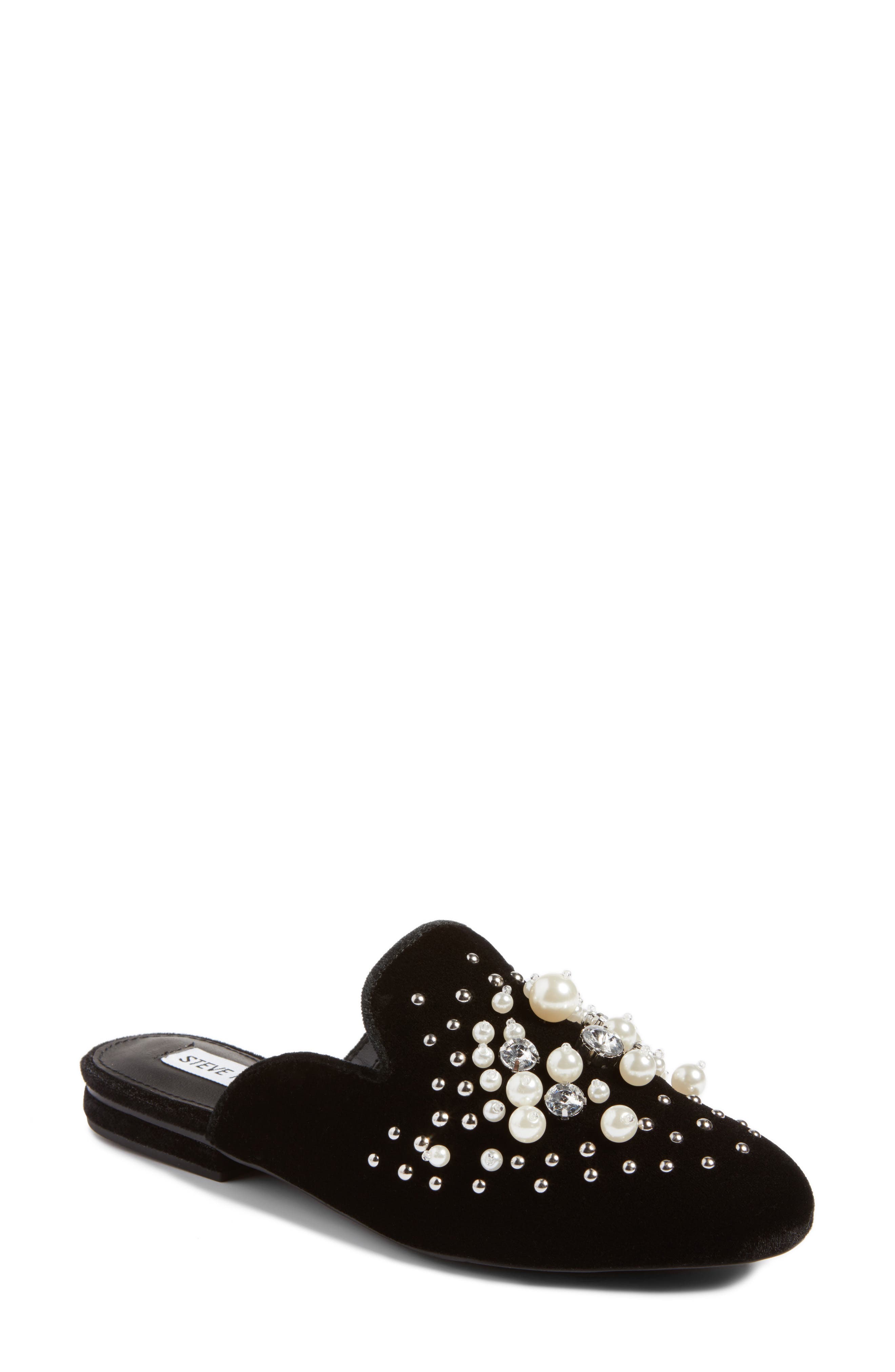 Imitation Pearl Embellished Mule, Main, color, BLACK FABRIC