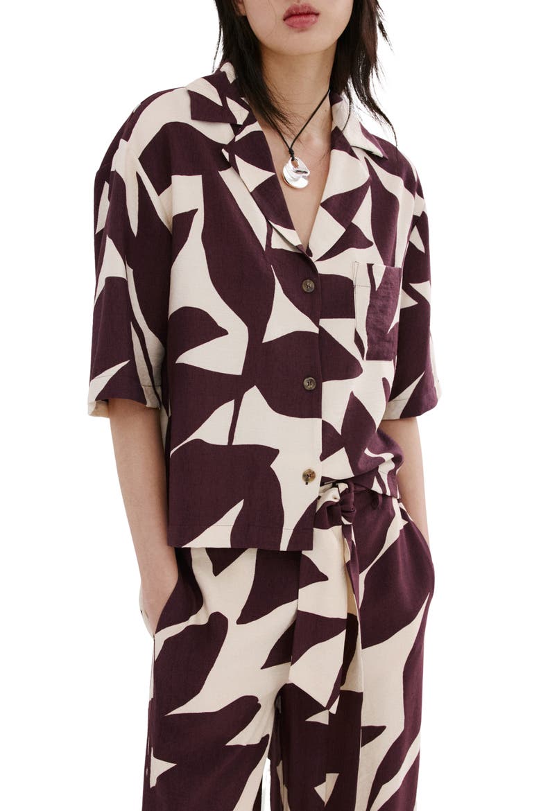 Print Short Sleeve Button-Up Shirt, Main, color, ECRU/DARK BROWN