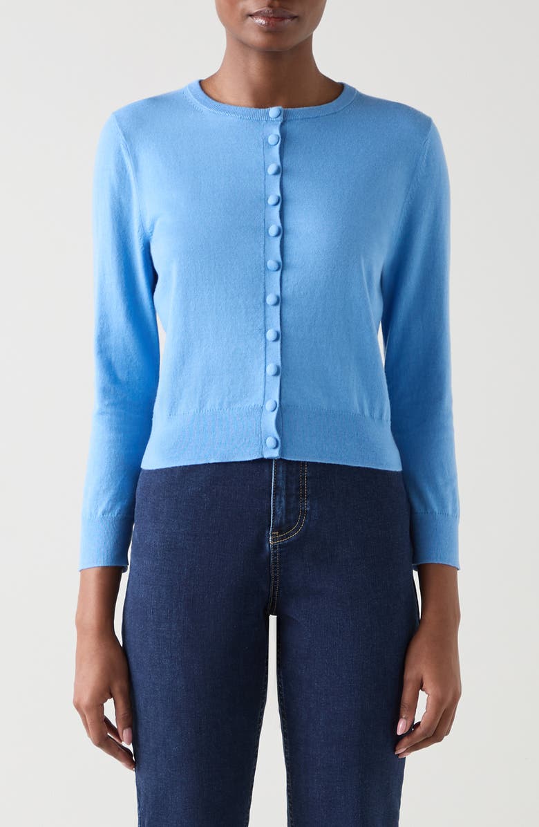 LK Bennett Lottie Fine Cotton & Wool Cardigan, Main, color, Blue