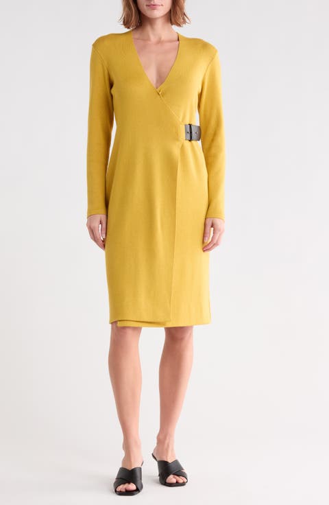 Long Sleeve Faux Wrap Midi Sweater Dress