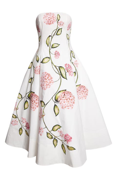 Porcelain Flowers Stretch Cotton Poplin Strapless Dress