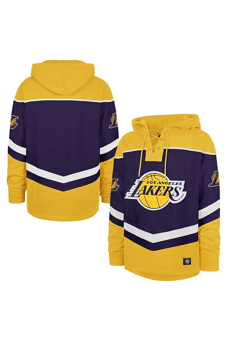 Men's '47 Purple Los Angeles Lakers Oversized Tri-Satin Layup Lacer Pullover Hoodie, Main, color, Purple