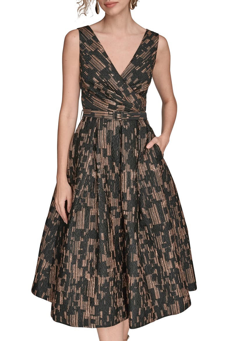 Metallic Jacquard Sleeveless Fit & Flare Dress, Alternate, color, BLACK/ GOLD MULTI