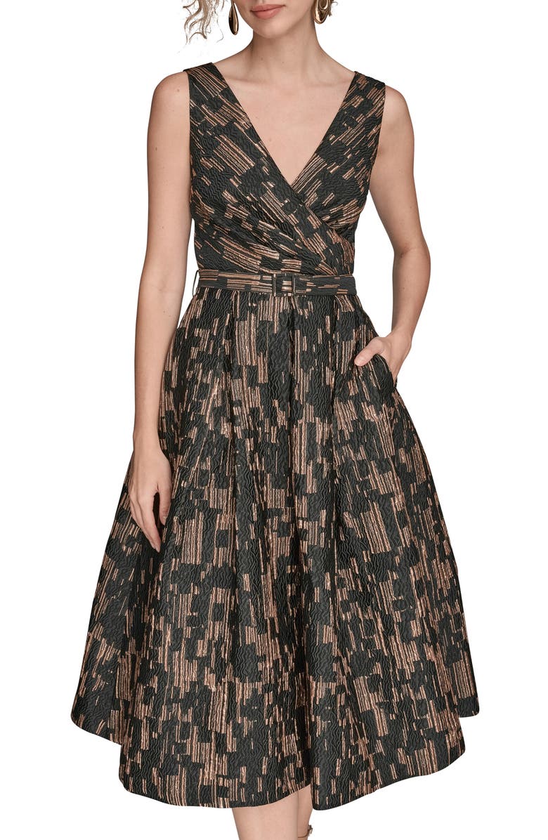 Donna Karan New York Metallic Jacquard Sleeveless Fit & Flare Dress, Alternate, color, Black/ Gold Multi