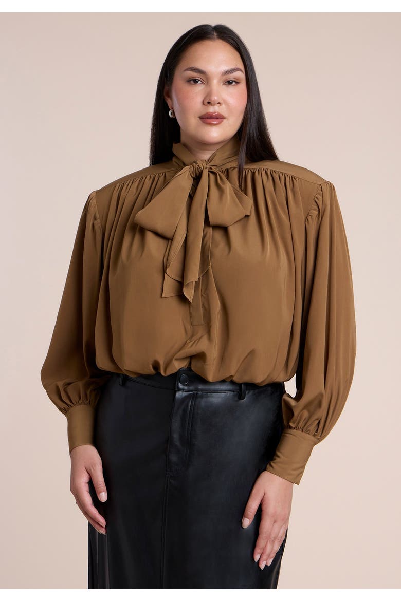 Power Shoulder Cropped Blouse With Neck Tie, Main, color, COCO MOCHA