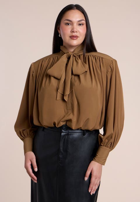 Power Shoulder Cropped Blouse With Neck Tie