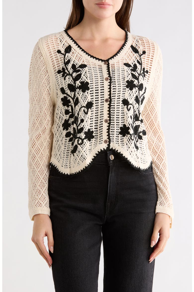 Floral Embroidered Open Stitch Cardigan, Main, color, NATURAL/ BLACK