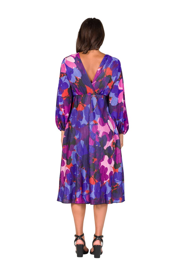 Pleated V Neck Empire Waist Midi Dress, Alternate, color, Magenta Multi