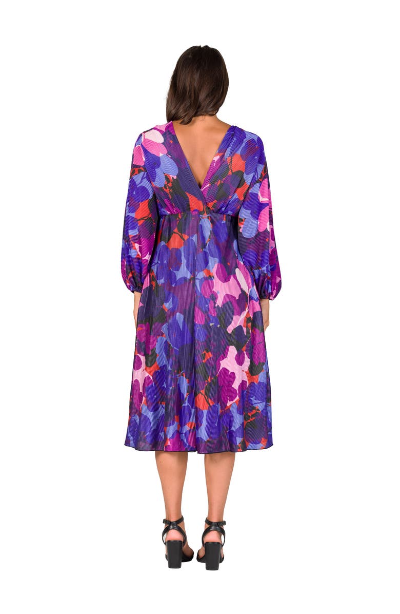 24seven Comfort Apparel Pleated V Neck Empire Waist Midi Dress, Alternate, color, Magenta Multi