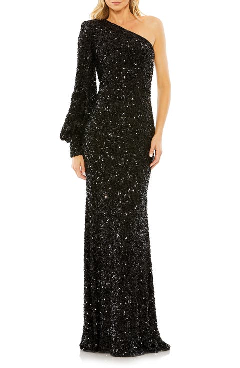 Sequined One Shoulder Bishop Sleeve Trumpet Gown