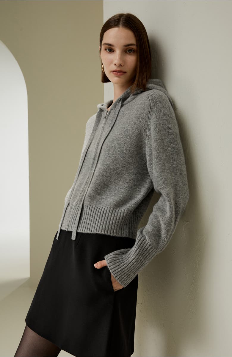 Lilysilk Women's Short Zip-Up Wool Cashmere Hoodie, Alternate, color, Light Gray