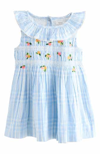 NEXT Kids' Stripe Embroidered Shirred Cotton Dress