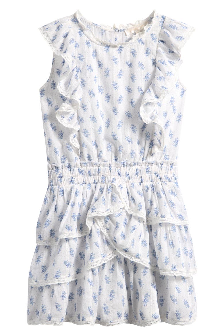 Kids' Decker Floral Ruffle Lace Trim Tiered Cotton Dress, Main, color, INDIGO CLOUD