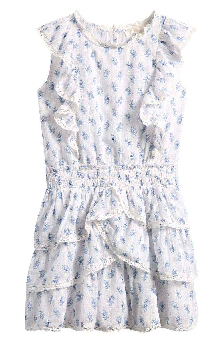 LoveShackFancy Kids' Decker Floral Ruffle Lace Trim Tiered Cotton Dress, Main, color, Indigo Cloud