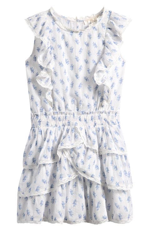 Kids' Decker Floral Ruffle Lace Trim Tiered Cotton Dress (Big Kid)