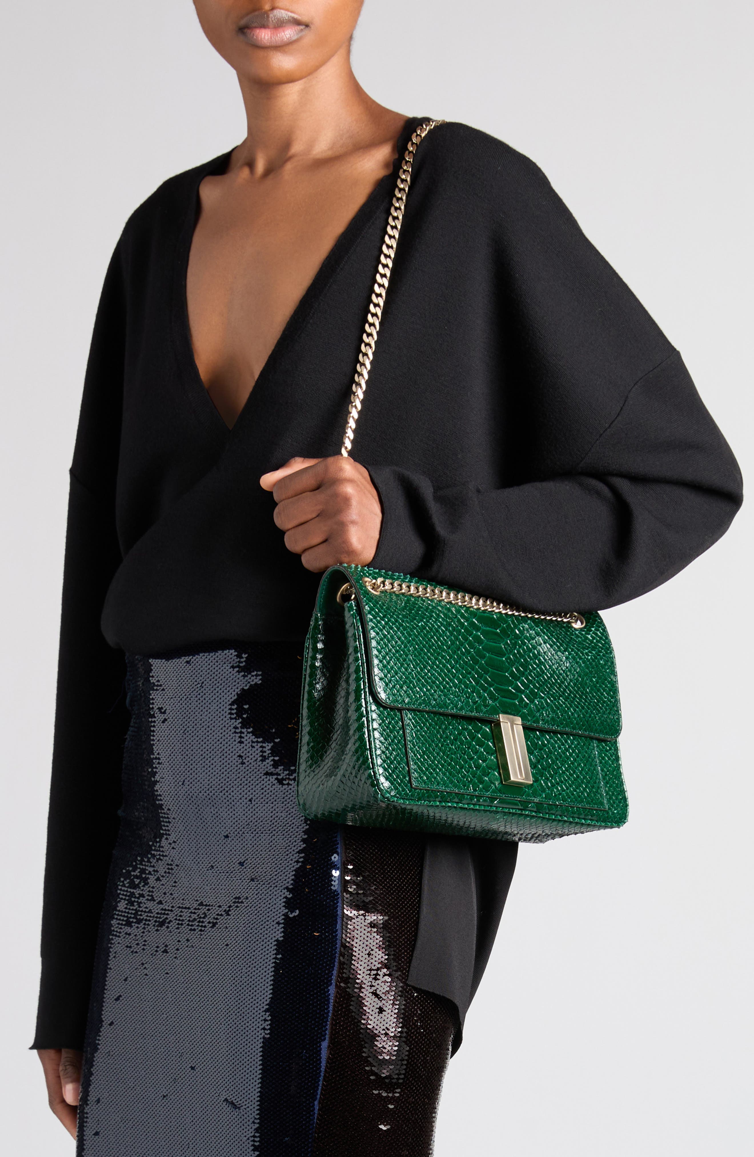 Mia Semishiny Python Embossed Calfskin Shoulder Bag, Main, color, EMERALD GREEN