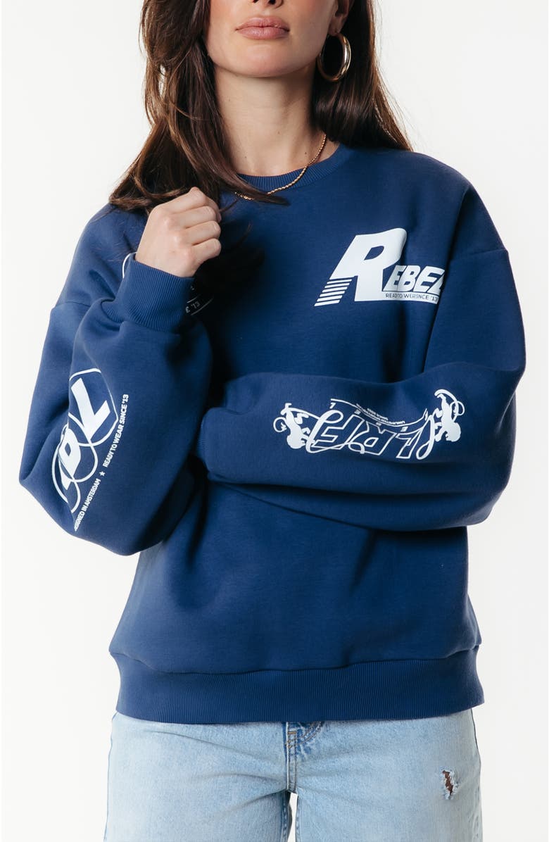 Colourful Rebel Logos Dropped Shoulder Sweat, Main, color, Deep Cobalt