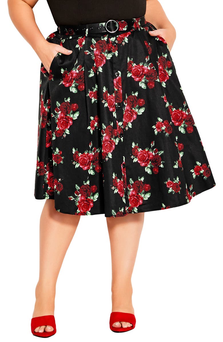 City Chic Rose Floral Print Skirt, Main, color, 
