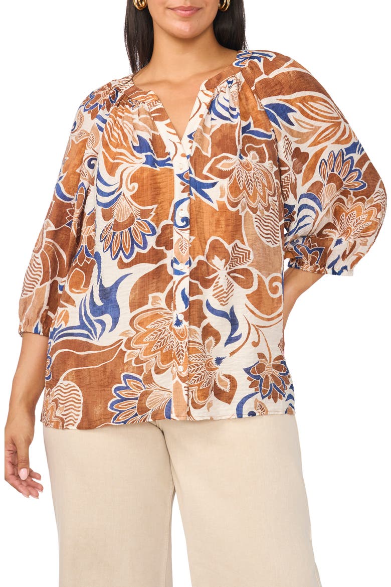 Floral Raglan Balloon Sleeve Button-Up Top, Main, color, BONE WHITE