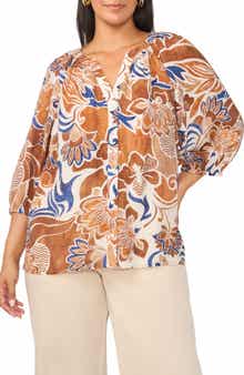 Floral Raglan Balloon Sleeve Button-Up Top