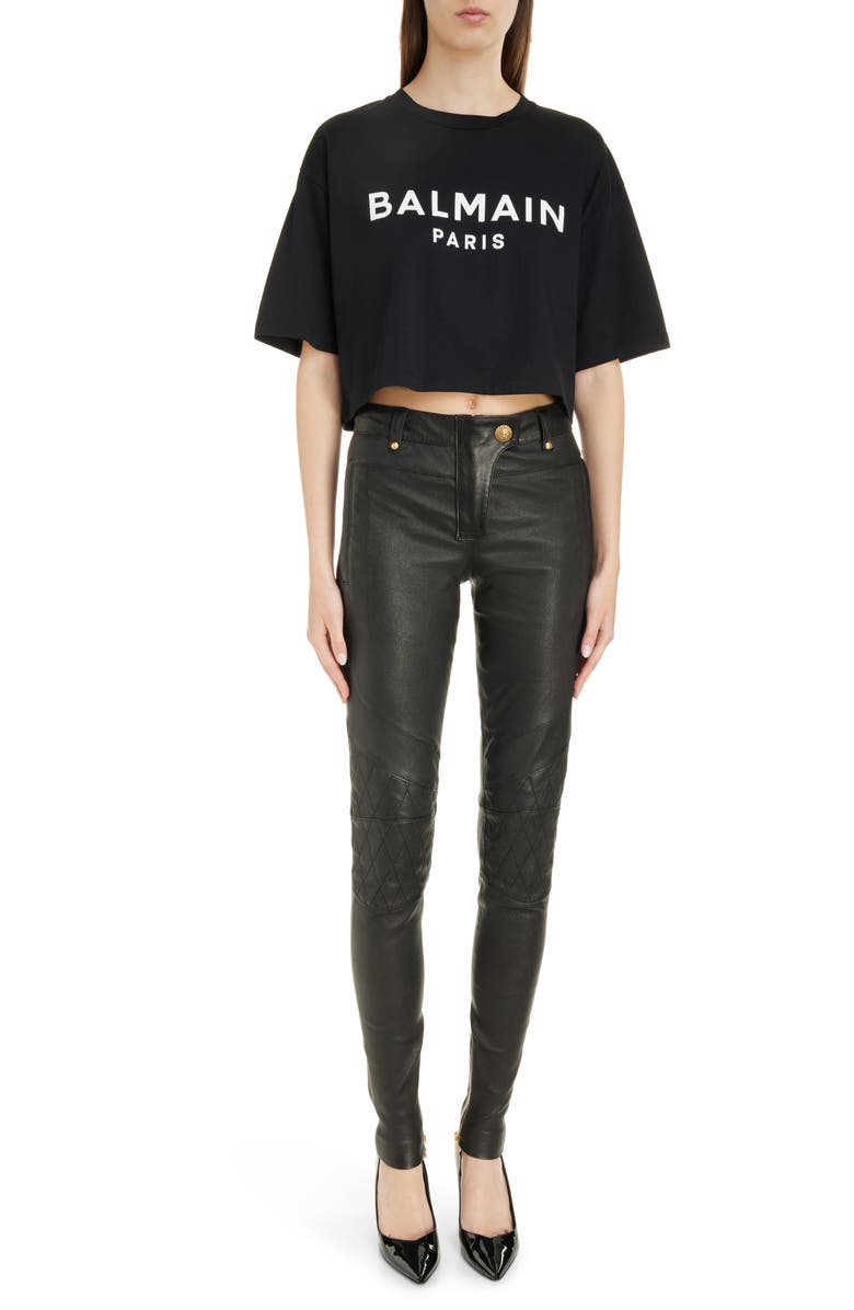 Balmain Logo Crop Cotton Graphic T-Shirt, Alternate, color, Eab Black/ White