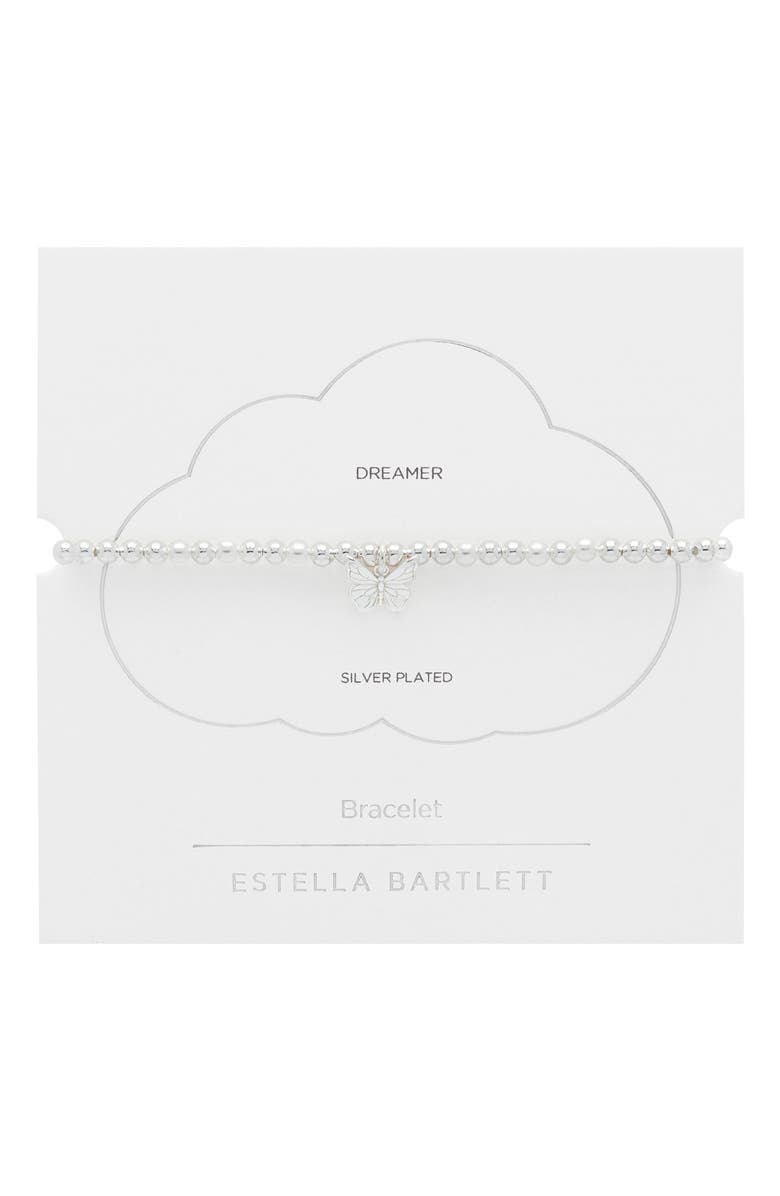 Estella Bartlett Butterfly & Faux Pearl Stretch Bracelet, Main, color, Silver