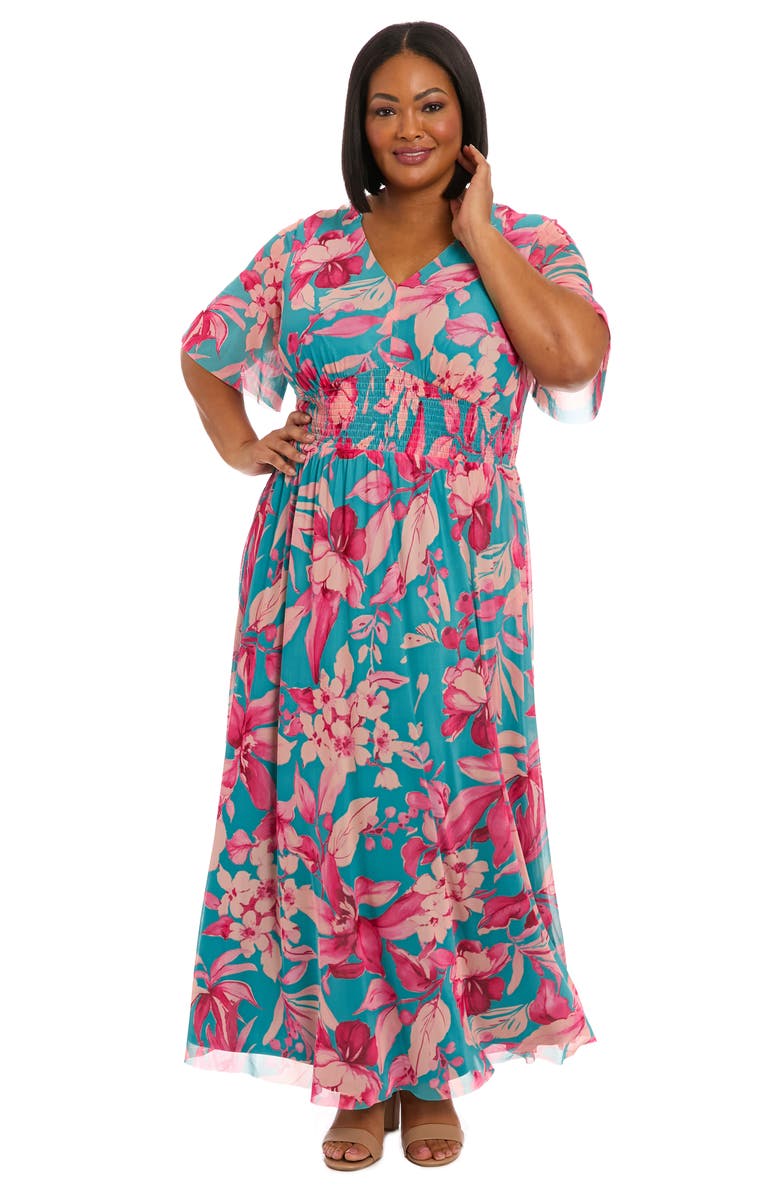 London Times Mesh Flutter Sleeve Maxi Dress, Alternate, color, Blue/ Pink