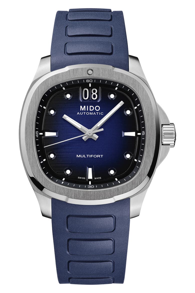 Multifort Square Automatic Rubber Strap Watch, 40mm, Main, color, BLUE