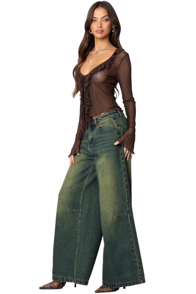 Sheer Mesh Ruffle Top, Alternate, color, BROWN