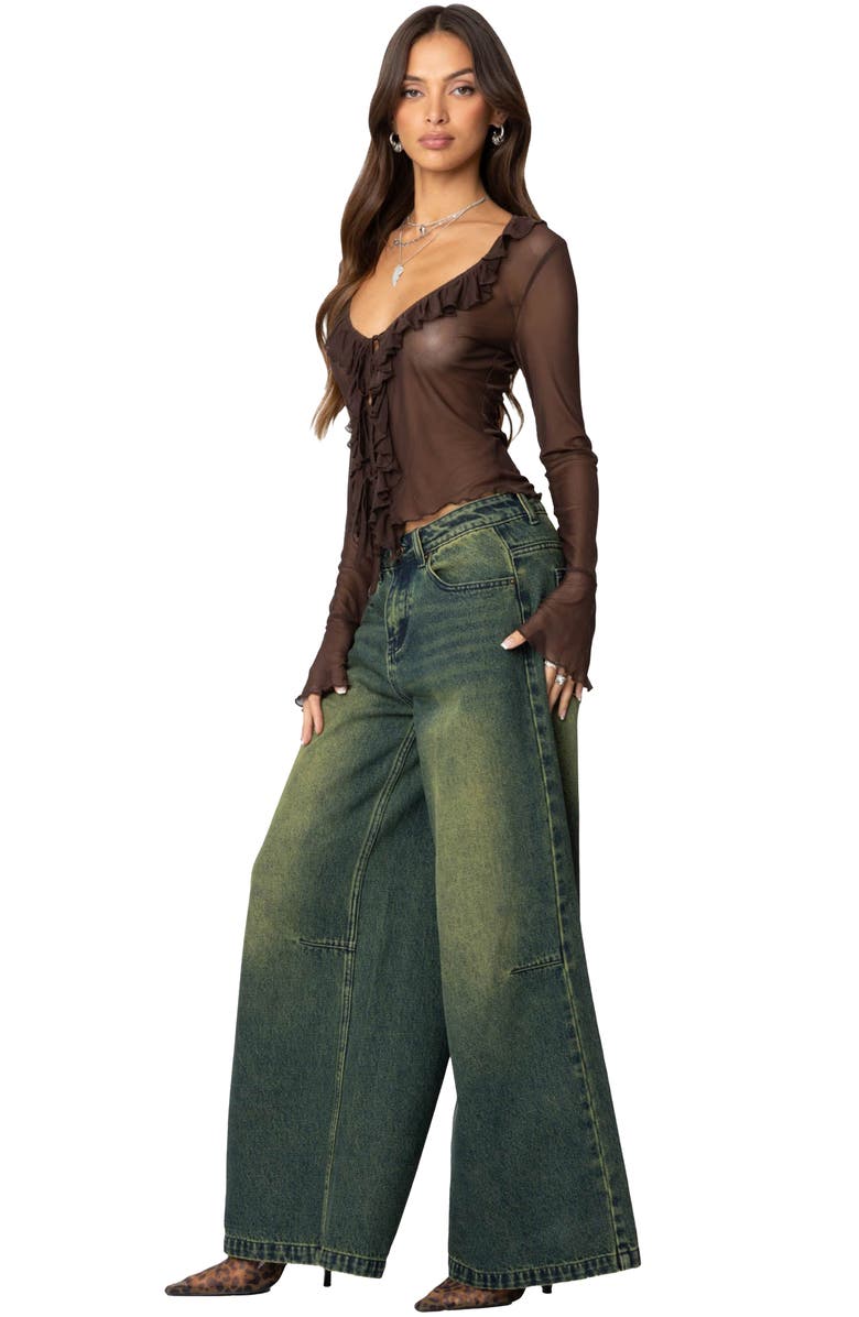 EDIKTED Sheer Mesh Ruffle Top, Alternate, color, Brown