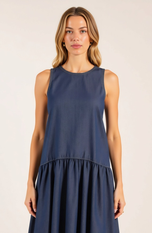 Modenaire Sleeveless Drop-waist Gathered Relaxed-fit Midi Dress In Blue