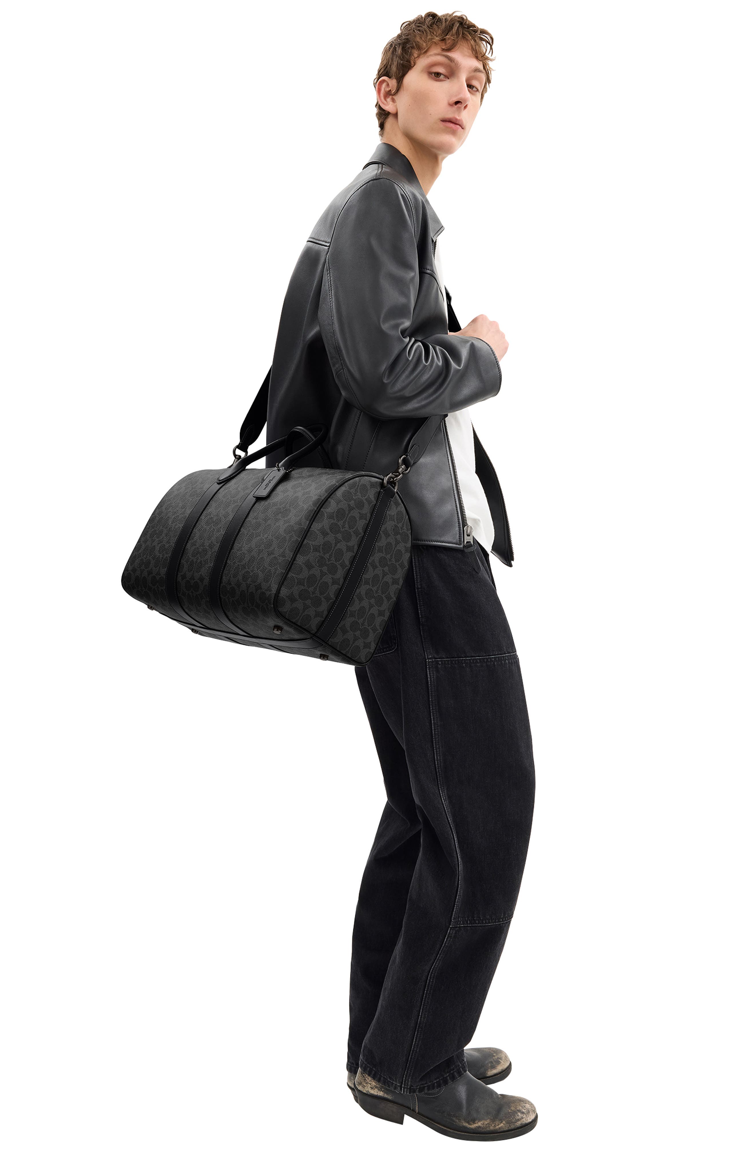 COACH Compass Signature 45 Coated Canvas Duffle Bag, Alternate, color, Black Signature
