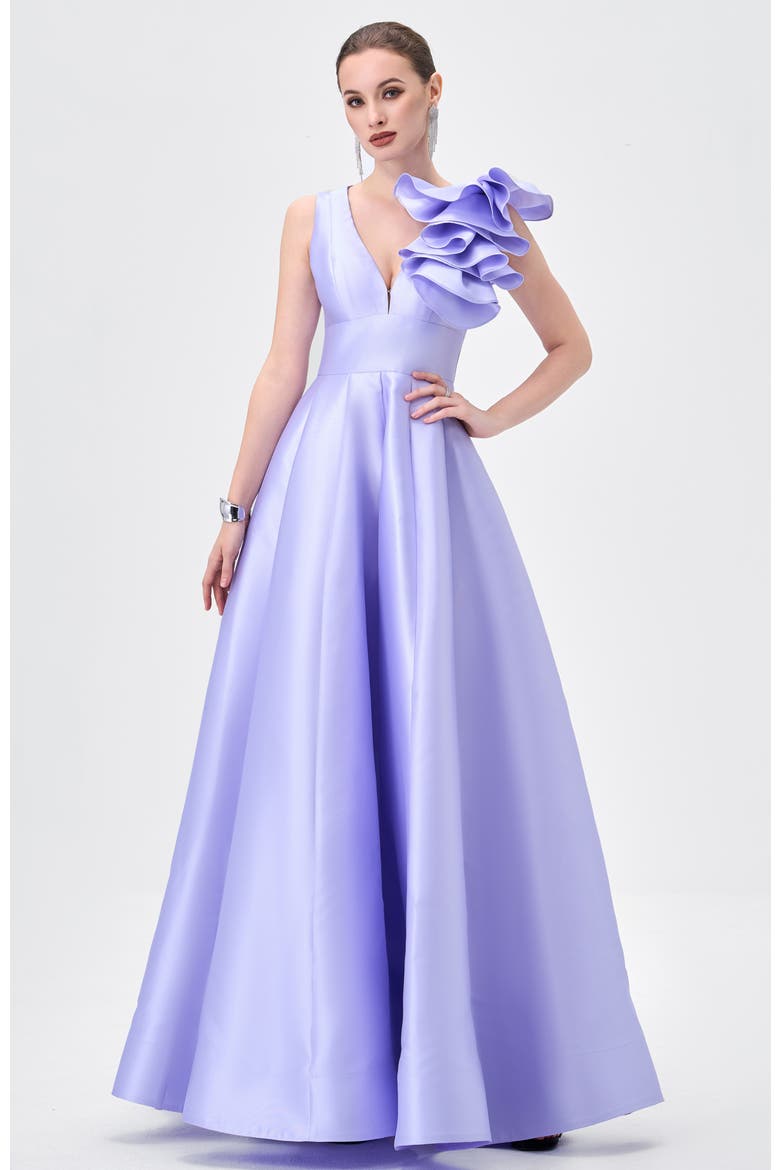 Mirella V Neck Ruffle Gown, Main, color, LAVENDER