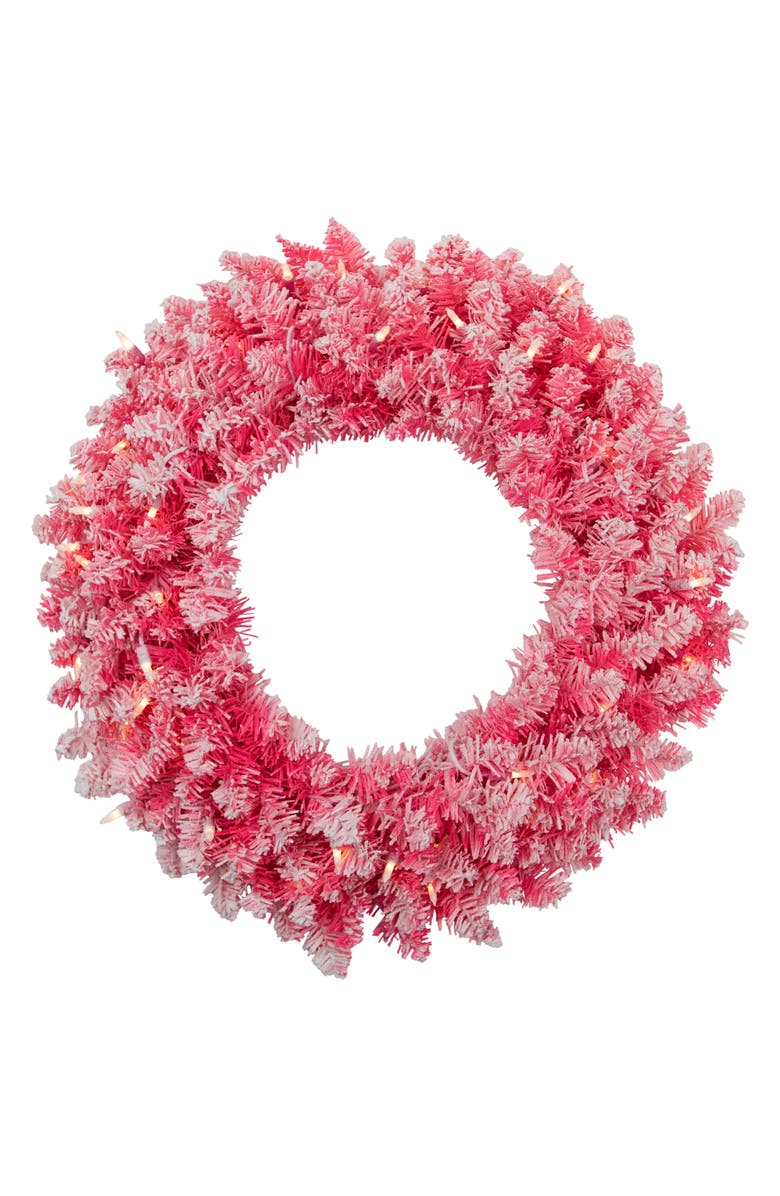 Northlight Pre-Lit Flocked Pink Artificial Christmas Wreath - 24"- Clear Lights, Main, color, Pink