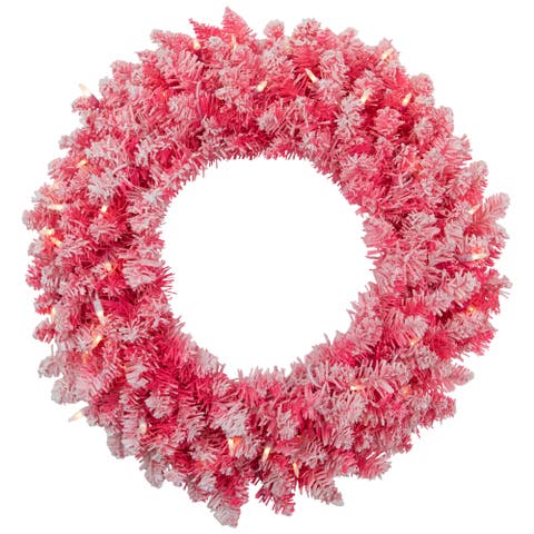 Pre-Lit Flocked Pink Artificial Christmas Wreath - 24"- Clear Lights