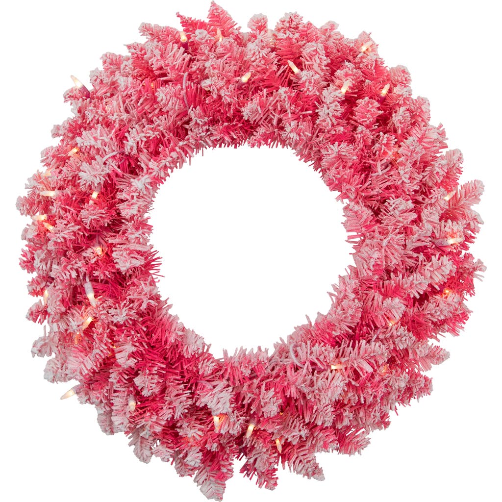 Northlight Pre-lit Flocked Pink Artificial Christmas Wreath In Pink