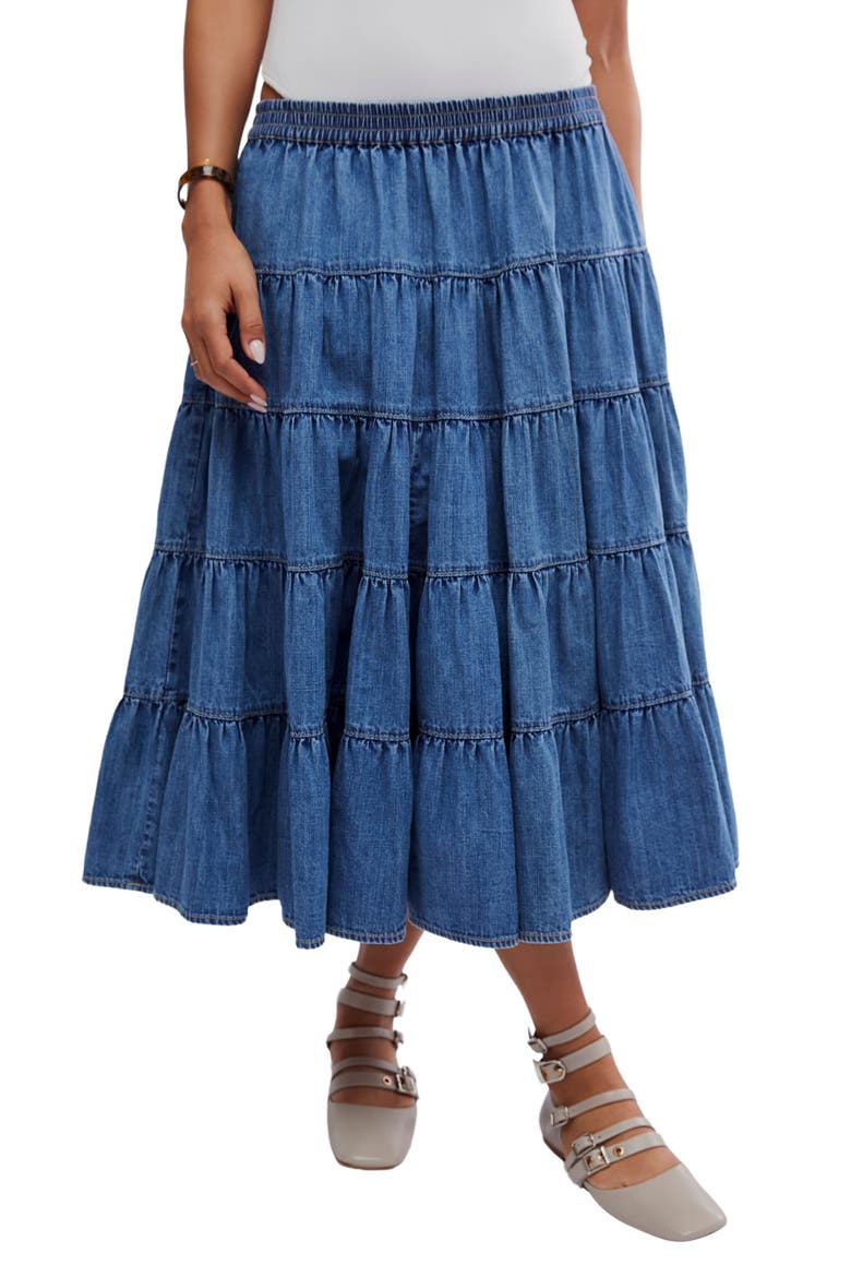 Chambray Tiered Midi Skirt, Main, color, COOL BLUE