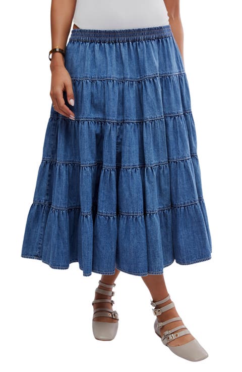 Chambray Tiered Midi Skirt