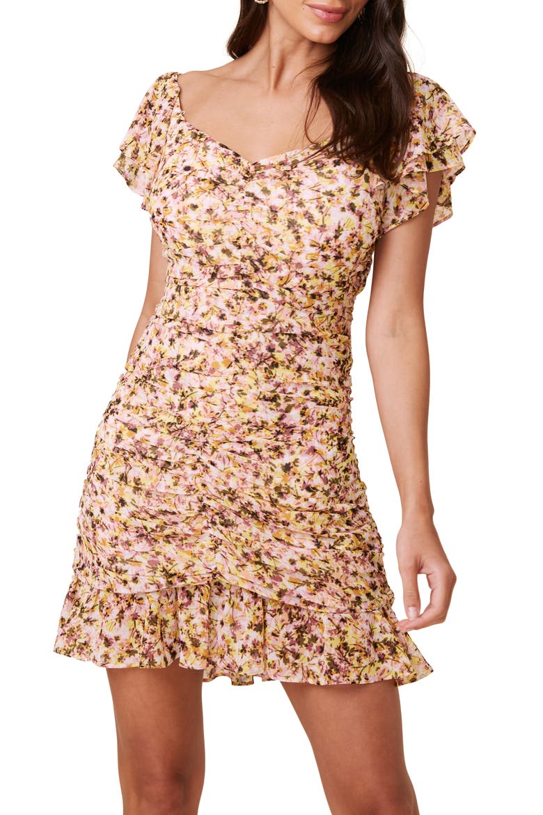 Floral Ruched Chiffon Minidress, Alternate, color, BLUSH YELLOW MULTI