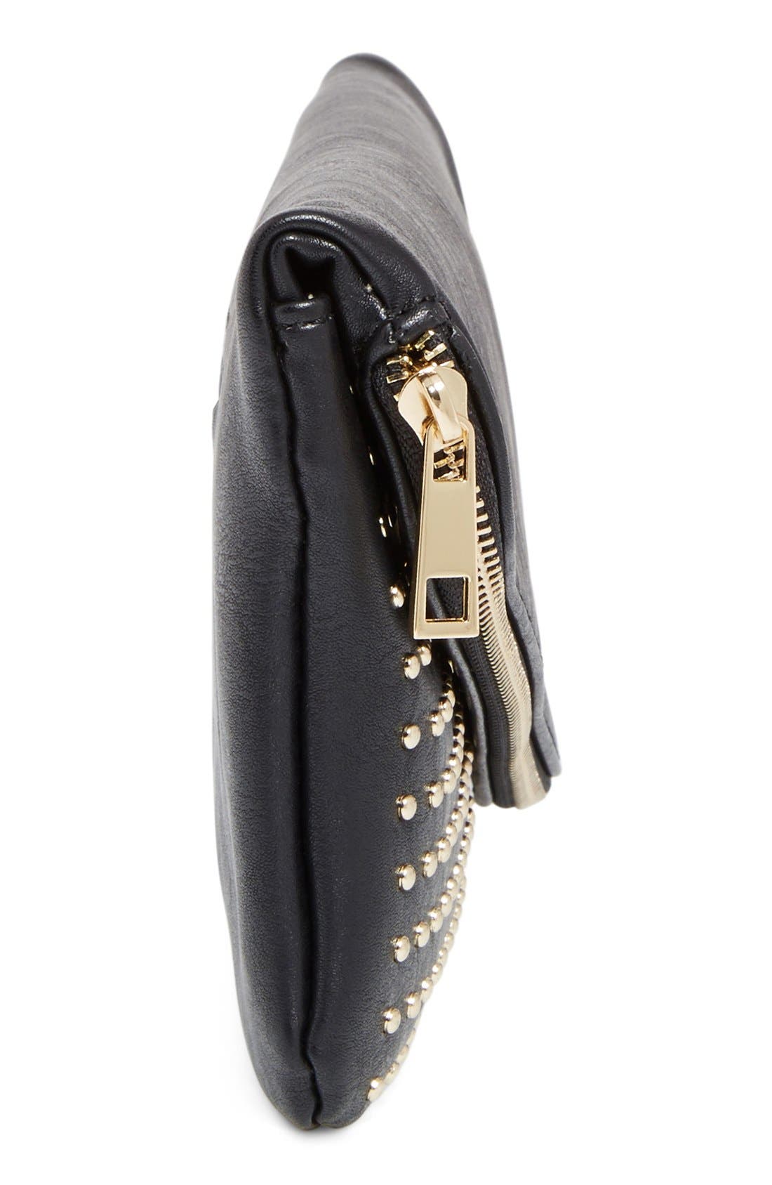 'Gloria' Studded Faux Leather Foldover Clutch, Alternate, color, BLACK