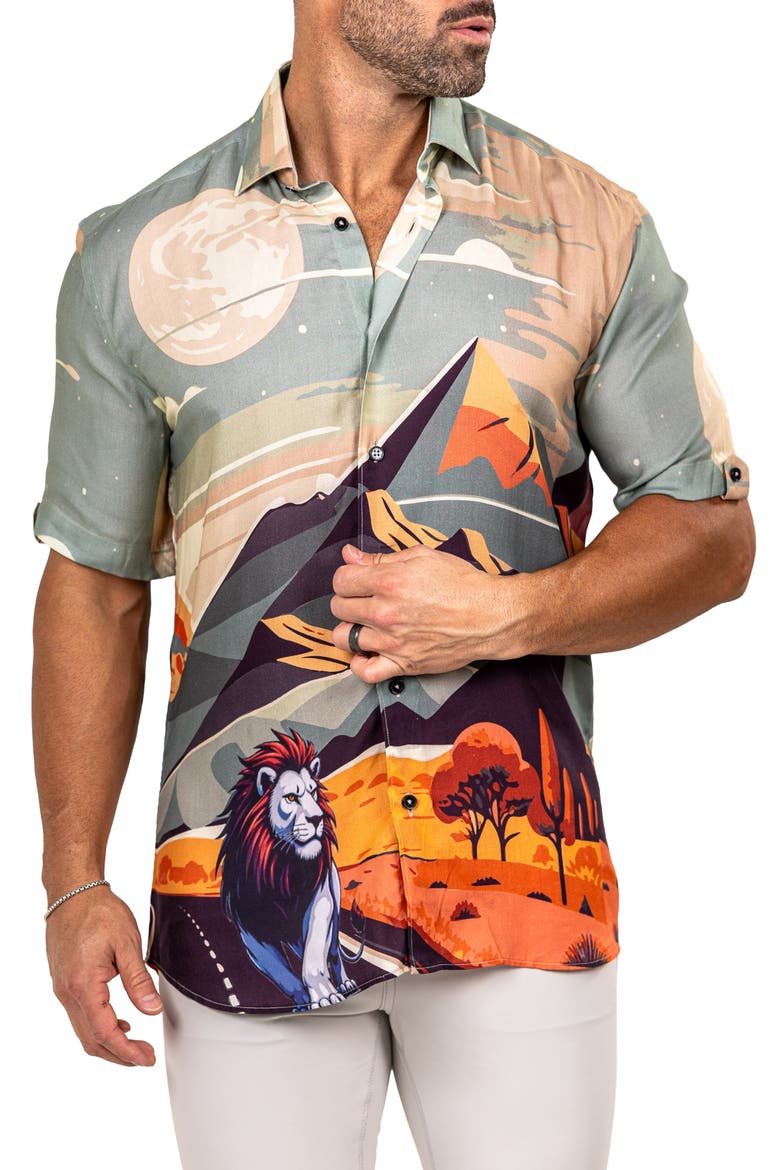 Galileo Marthy Short Sleeve Button-Up Shirt, Alternate, color, BEIGE/ BLUE MULTI