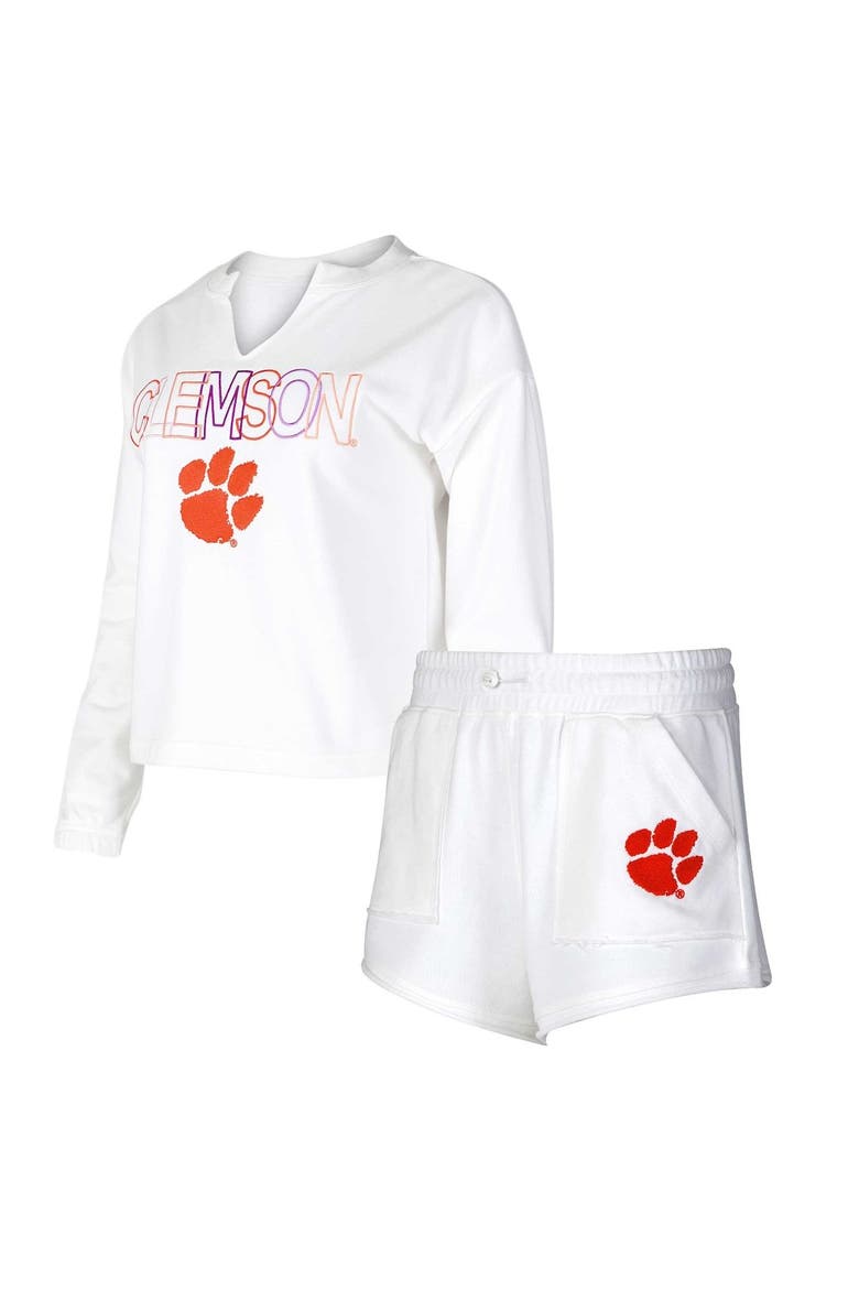Women's Concepts Sport  White Clemson Tigers Sunray Notch Neck Long Sleeve T-Shirt & Shorts Set, Main, color, White