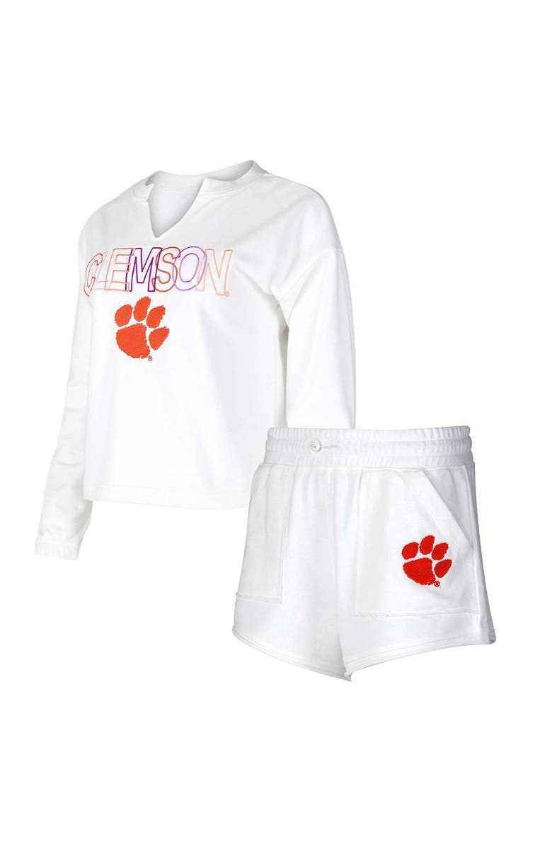 CONCEPTS SPORT Women's Concepts Sport White Clemson Tigers Sunray Notch Neck Long Sleeve T-Shirt & Shorts Set, Main, color, White