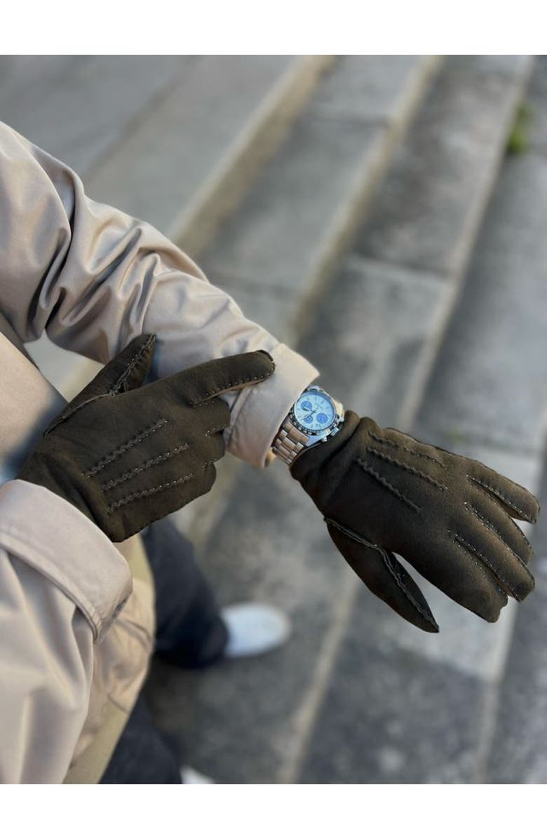 Agnelle David Color Contrast Shearling Gloves, Alternate, color, Kaki/Laurier