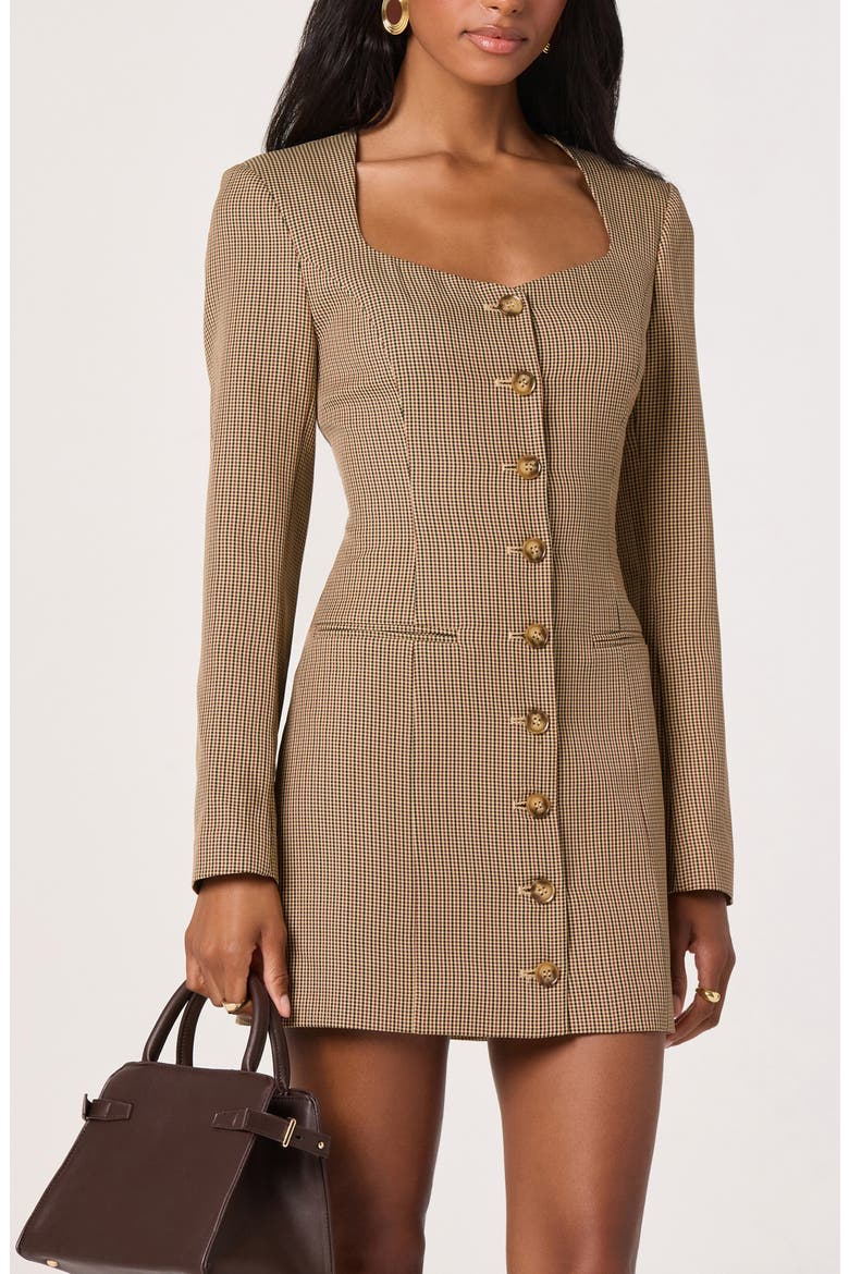 Houndstooth Long Sleeve Button-Up Minidress, Alternate, color, TAN HOUNDSTOOTH