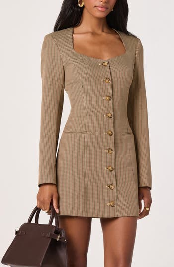 Houndstooth Long Sleeve Button-Up Minidress