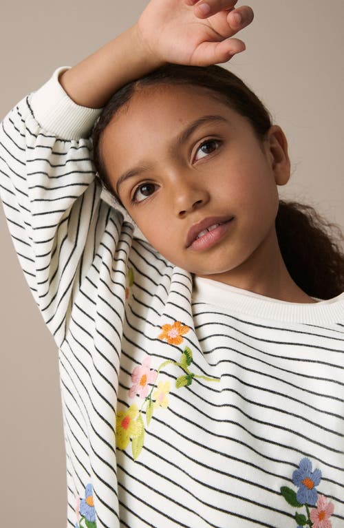 Next Kids' Stripe Floral Embroidered Tunic Sweater In White/black